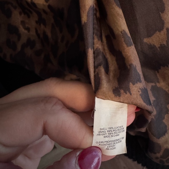 Express Black Genuine Leather Moto Jacket Women Large Leopard Lining Biker - Picture 8 of 8